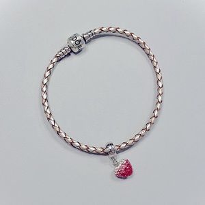 Pandora Braided Leather Bracelet - soft pink - with heart charm.